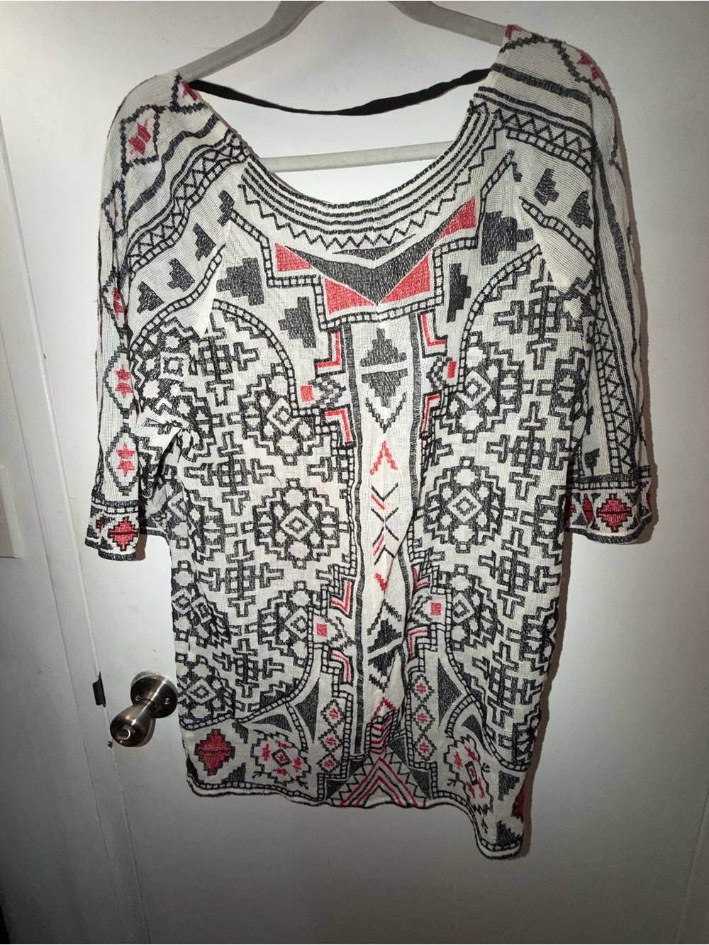 FARM Rio Cream Knit Mini Dress with Black Geometric and Red Accents